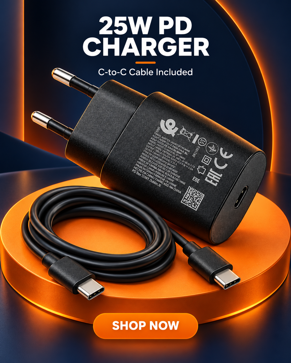 25W PD Fast Charger Adapter with USB-C to USB-C Cable Included