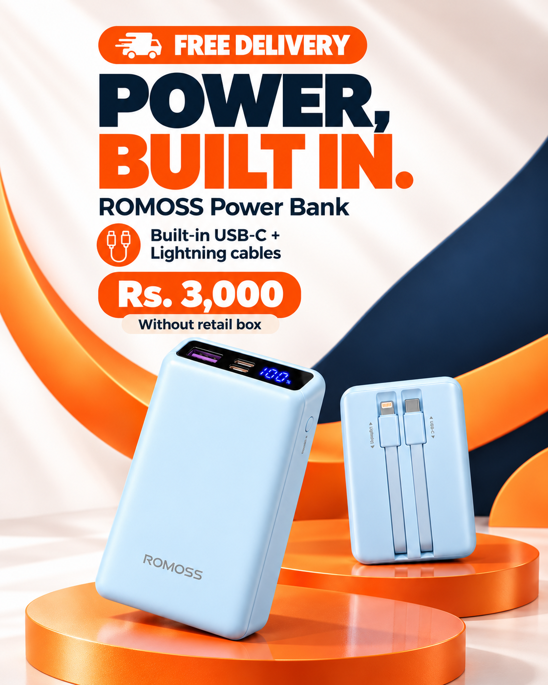 Sky-blue ROMOSS 10,000mAh Power Bank with Built-in Cables