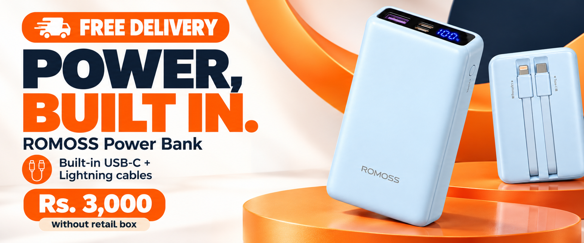 Sky-blue ROMOSS 10,000mAh Power Bank with Built-in Cables