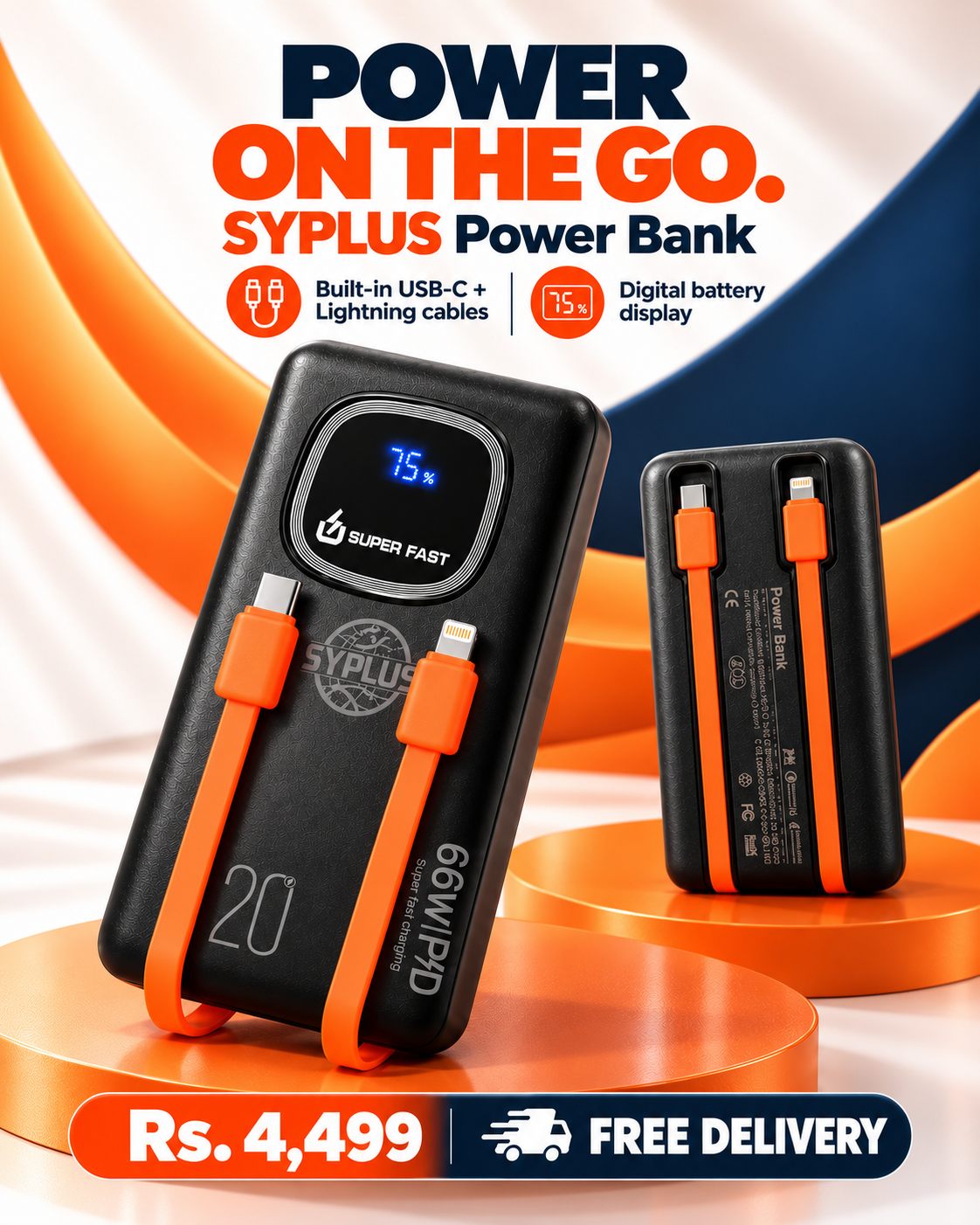 SYPLUS 20,000mAh 66W Power Bank with Digital Display and Built-in Cables