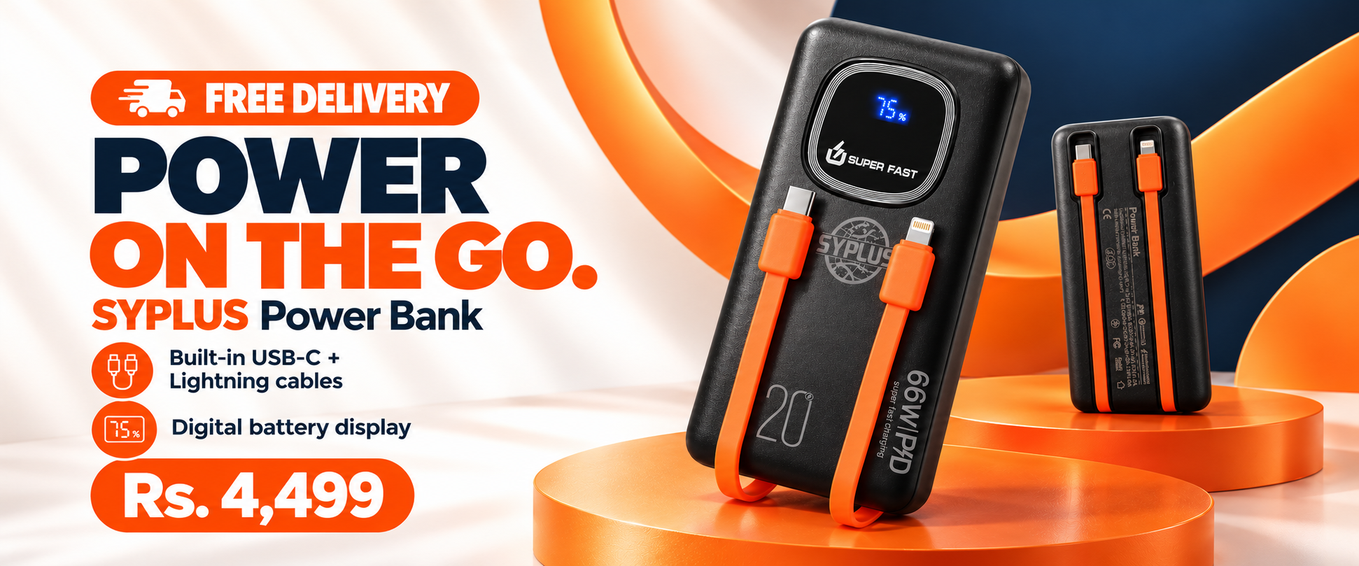 SYPLUS 20,000mAh 66W Power Bank with Digital Display and Built-in Cables